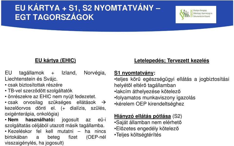 (+ dialízis, szülés, oxigénterápia, onkológia) Nem használható: jogosult az eü-i szolgáltatás céljából utazott másik tagállamba.