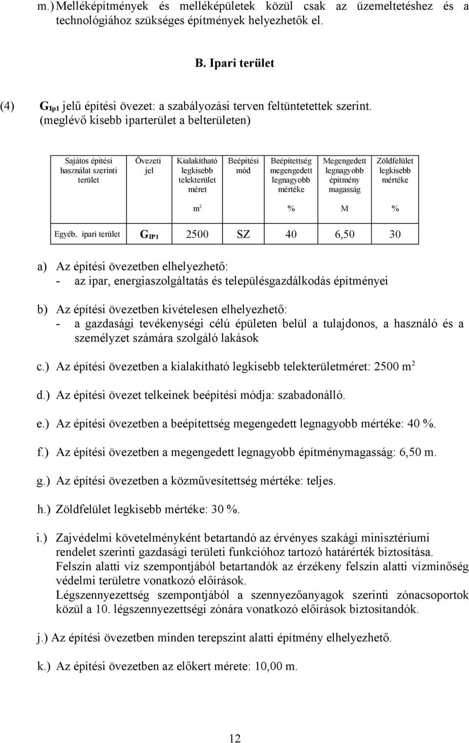 (meglévő kisebb iparterület a belterületen) Sajátos építési használat szerinti terület Övezeti jel Kialakítható telekterület méret Beépítési mód Beépítettség megengedett Megengedett építmény magasság