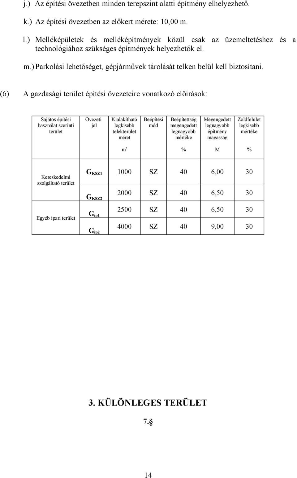 (6) A gazdasági terület építési övezeteire vonatkozó előírások: Sajátos építési használat szerinti terület Övezeti jel Kialakítható telekterület méret Beépítési mód Beépítettség
