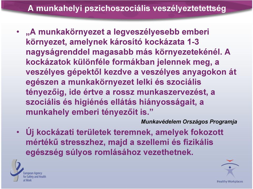 A kockázatok különféle formákban jelennek meg, a veszélyes gépektől kezdve a veszélyes anyagokon át egészen a munkakörnyezet lelki és szociális tényezőig,