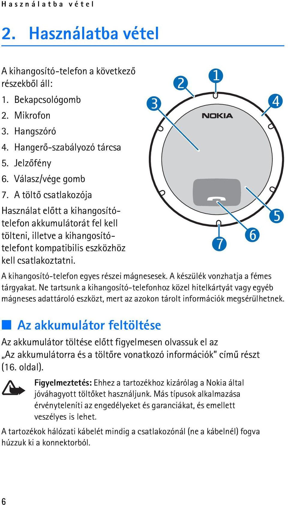 A kihangosító-telefon egyes részei mágnesesek. A készülék vonzhatja a fémes tárgyakat.