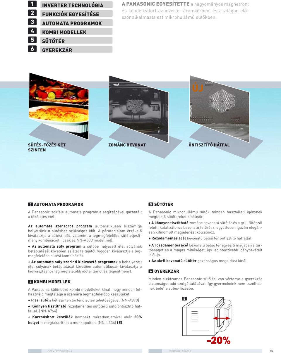 ÚJ SÜTÉS-FÔZÉS KÉT SZINTEN ZOMÁNC BEVONAT ÖNTISZTÍTÓ HÁTFAL c AUTOMATA PROGRAMOK A Panasonic sokféle automata programja segítségével garantált a tökéletes étel: Az automata szenzoros program