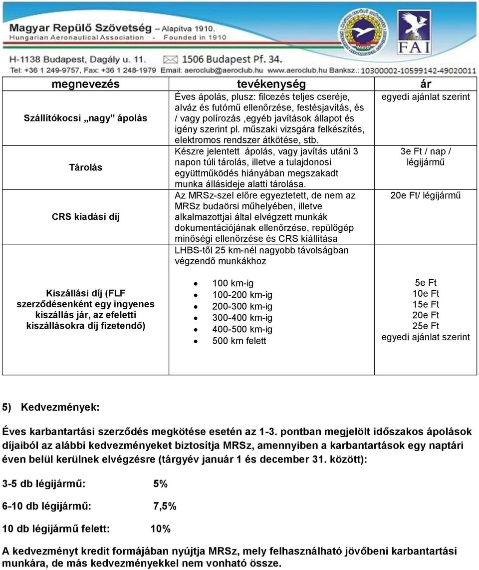 Készre jelentett, vagy javítás utáni 3 napon túli tárolás, illetve a tulajdonosi együttműködés hiányában megszakadt munka állásideje alatti tárolása.