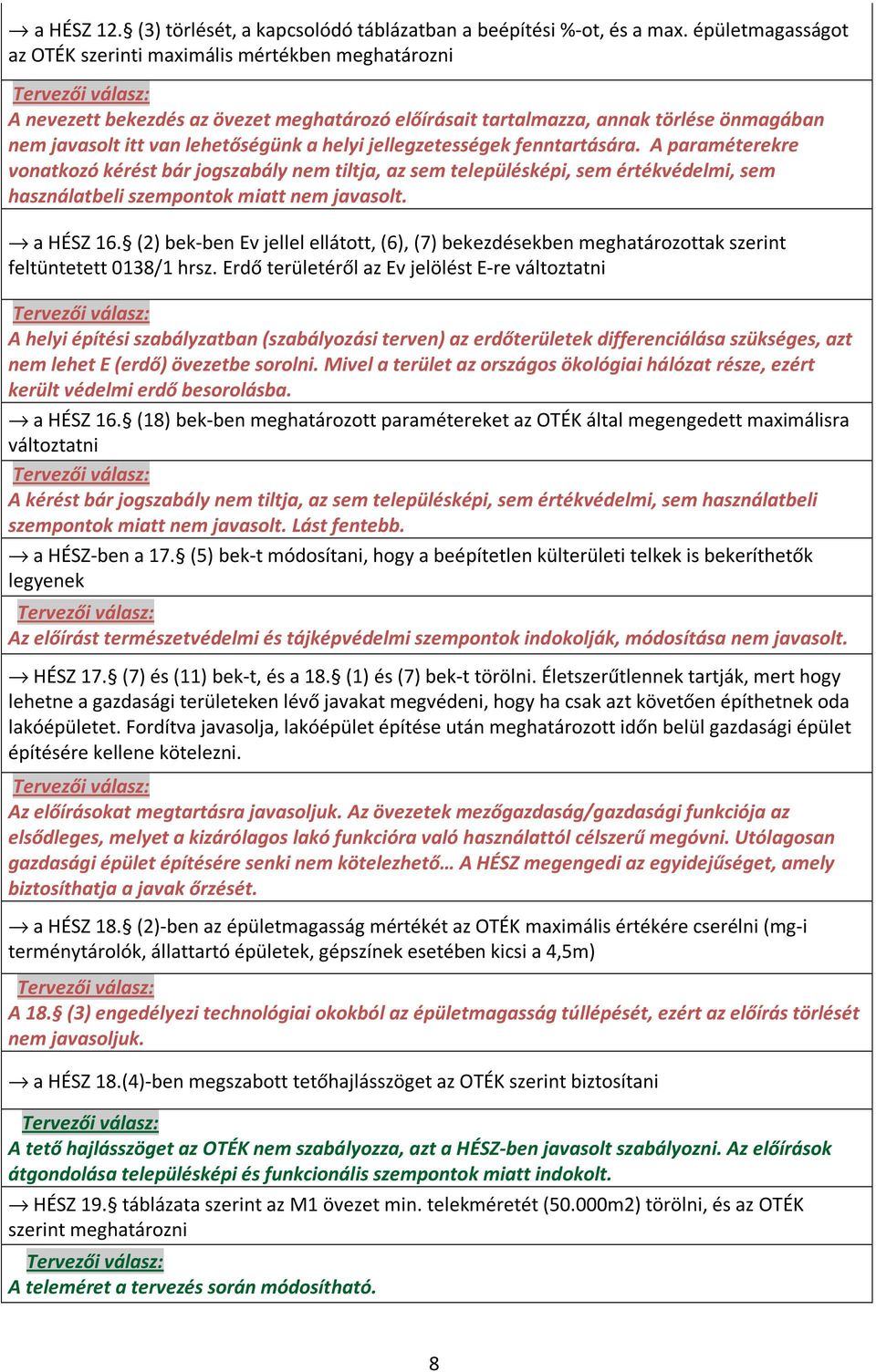 jellegzetességek fenntartására. A paraméterekre vonatkozó kérést bár jogszabály nem tiltja, az sem településképi, sem értékvédelmi, sem használatbeli szempontok miatt nem javasolt. a HÉSZ 16.