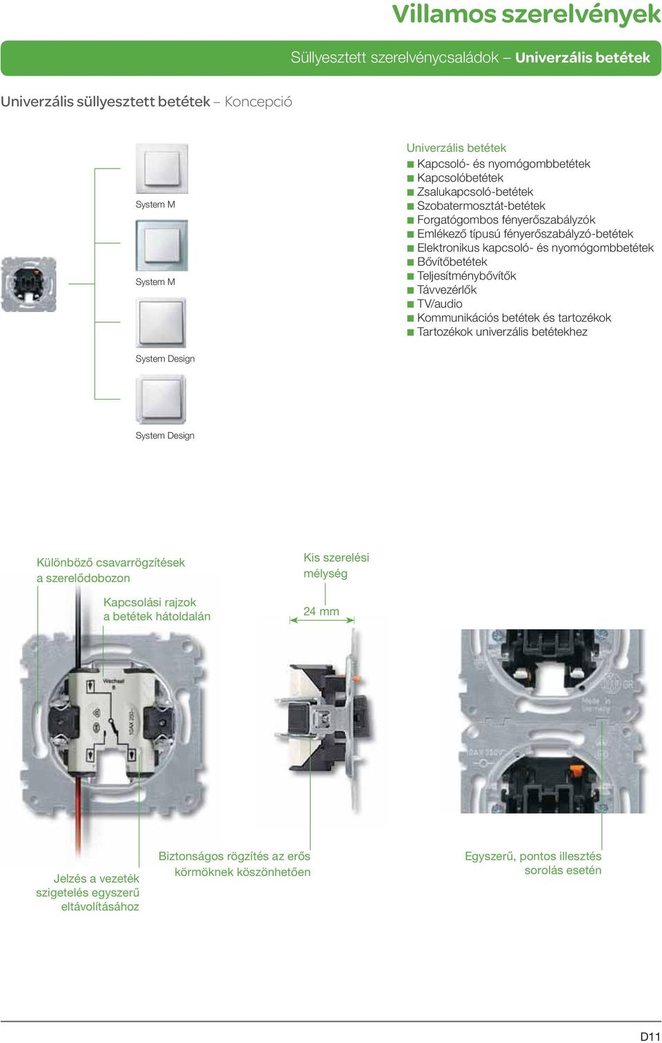 b Kommunikációs betétek és tartozékok b Tartozékok univerzális betétekhez System Design System Design Különböző csavarrögzítések a szerelődobozon Kapcsolási rajzok a betétek