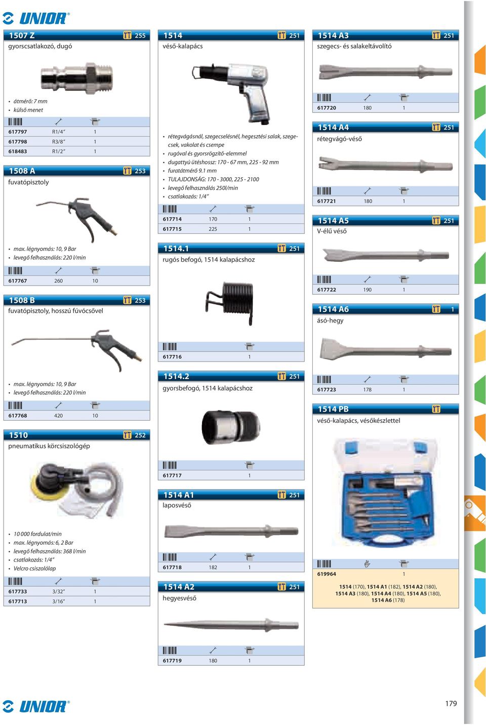 1 mm TULAJDONSÁG: 170-3000, 225-2100 levegő felhasználás 250l/min csatlakozás: 1514 A4 251 rétegvágó-véső 617721 180 1 max.