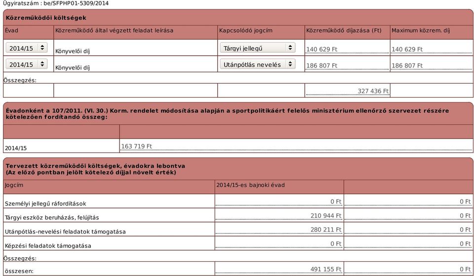 rendelet módosítása alapján a sportpolitikáért f elelős minisztérium ellenőrző szervezet részére kötelezően fordítandó összeg: 163 719 Ft Tervezett közreműködői költségek, évadokra lebontva