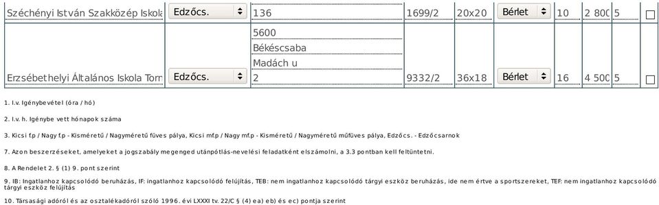 p / Nagy f.p - Kis mé re tű / Nagymé re tű füve s pálya, Kics i mf.p / Nagy mf.p - Kis mé re tű / Nagymé re tű műfüve s pálya, Edz ő cs. - Edz ő cs arno k 7.