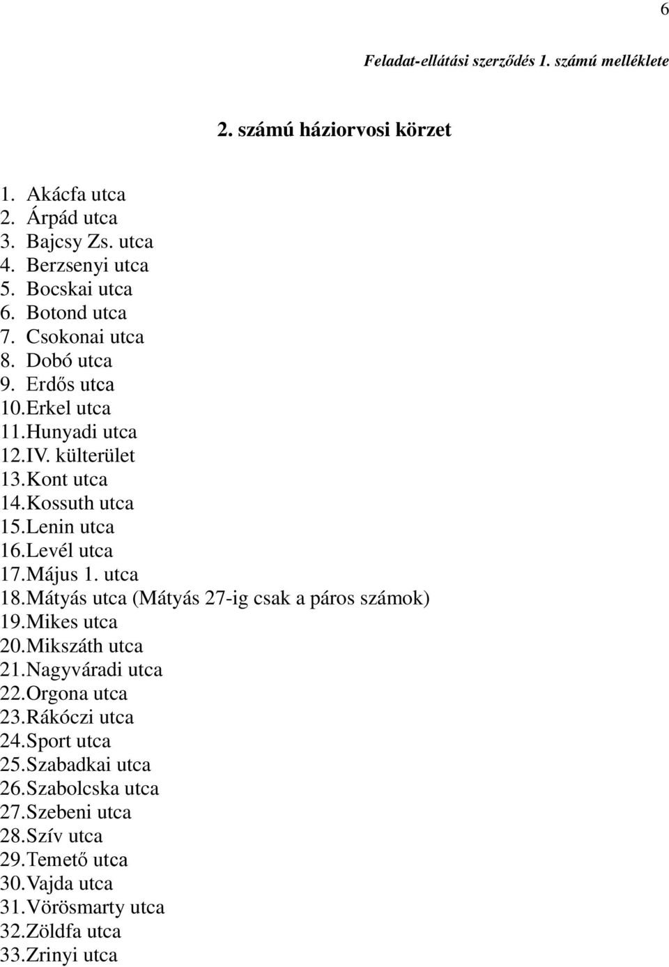 Levél utca 17. Május 1. utca 18. Mátyás utca (Mátyás 27-ig csak a páros számok) 19. Mikes utca 20. Mikszáth utca 21. Nagyváradi utca 22. Orgona utca 23.