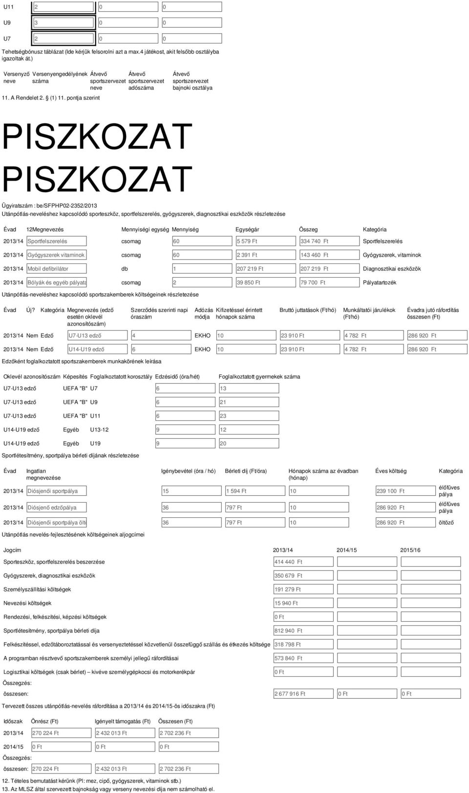 pontja szerint Átvevő Átvevő sportszervezet sportszervezet neve adószáma Átvevő sportszervezet bajnoki osztálya Utánpótlás-neveléshez kapcsolódó sporteszköz, sportfelszerelés, gyógyszerek,