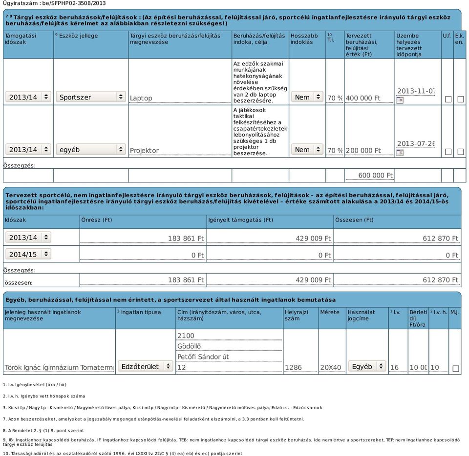 ) Támogatási időszak Eszköz jellege 2013/14 Sportszer 2013/14 egyéb Tárgyi eszköz beruházás/felújítás megnevezése 9 10 Laptop Projektor Beruházás/felújítás indoka, célja Az edzők szakmai munkájának