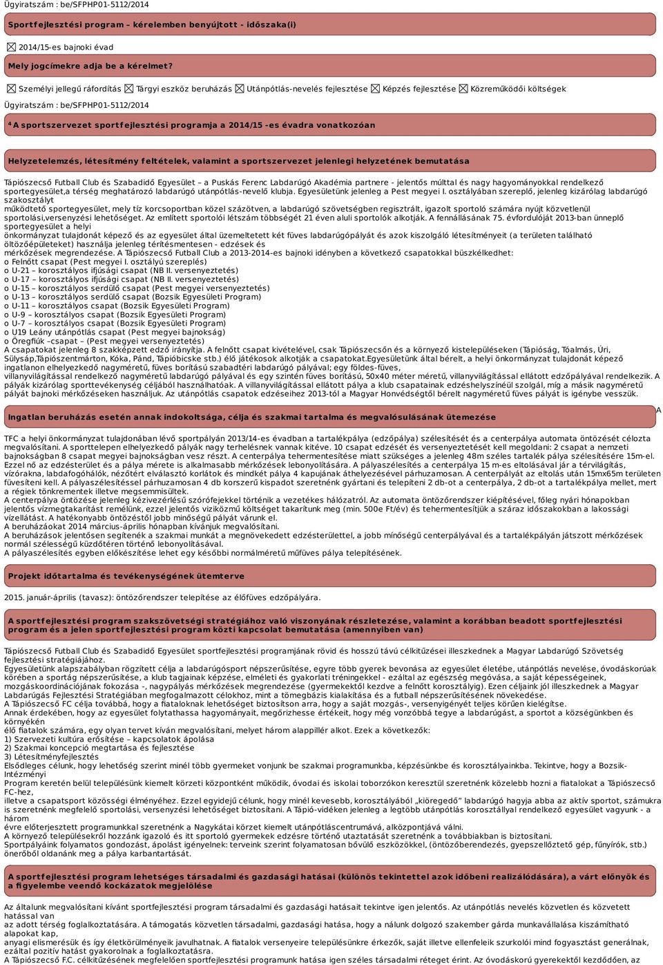 programja a -es évadra vonatkozóan Helyzetelemzés, létesítmény feltételek, valamint a sportszervezet jelenlegi helyzetének bemutatása Tápiószecső Futball Club és Szabadidő Egyesület a Puskás Ferenc