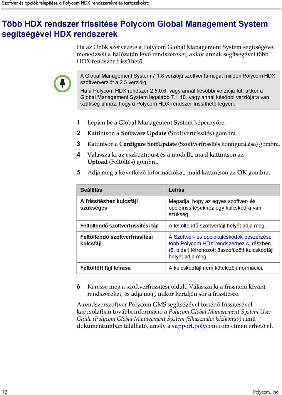 Ha a Polycom HDX rendszer 2.5.0.6. vagy annál későbbi verziója fut, akkor a Global Management System legalább 7.1.10.
