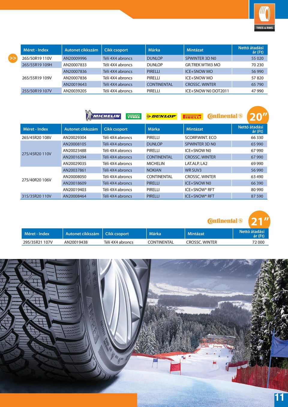 WINTER 65 790 255/50R19 107V AN20039205 Téli 4X4 abroncs PIRELLI ICE+SNOW N0 DOT2011 47 990 20 265/45R20 108V AN20029304 Téli 4X4 abroncs PIRELLI SCORP.WINT. ECO 66 330 275/45R20 110V 275/40R20 106V