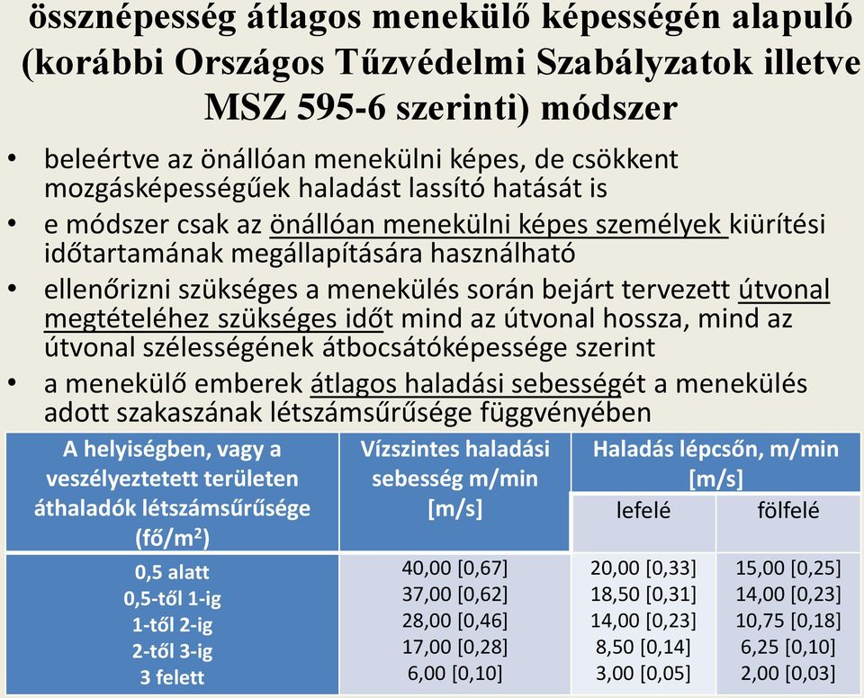 megtételéhez szükséges időt mind az útvonal hossza, mind az útvonal szélességének átbocsátóképessége szerint a menekülő emberek átlagos haladási sebességét a menekülés adott szakaszának