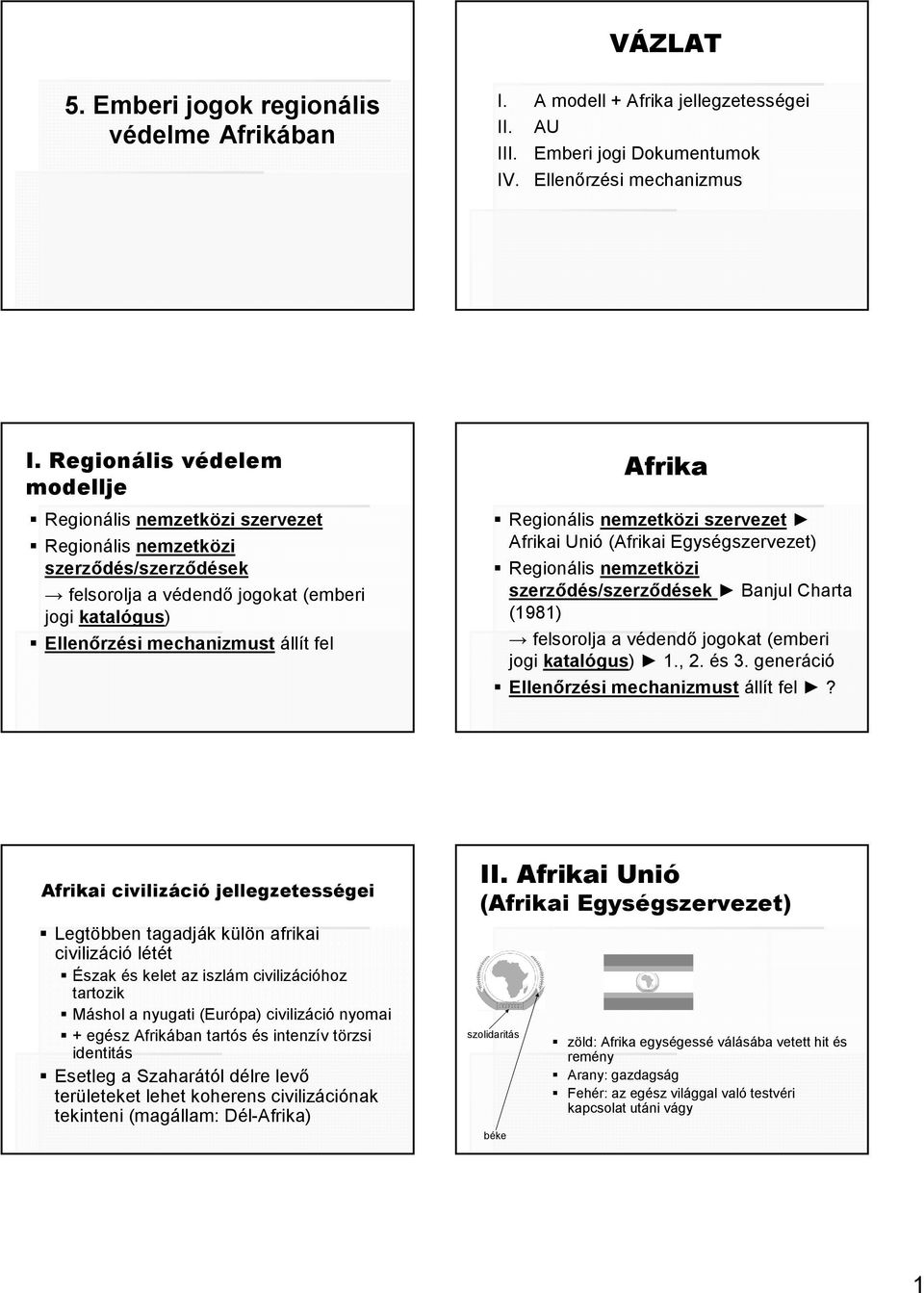 Regionális nemzetközi szervezet Afrikai Unió (Afrikai Egységszervezet) Regionális nemzetközi szerzıdés/szerzıdések Banjul Charta (1981) felsorolja a védendı jogokat (emberi jogi katalógus) 1., 2.