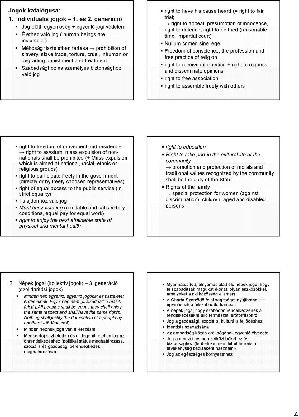 degrading punishment and treatment Szabadsághoz és személyes biztonsághoz való jog right to have his cause heard (= right to fair trial) right to appeal, presumption of innocence, right to defence,