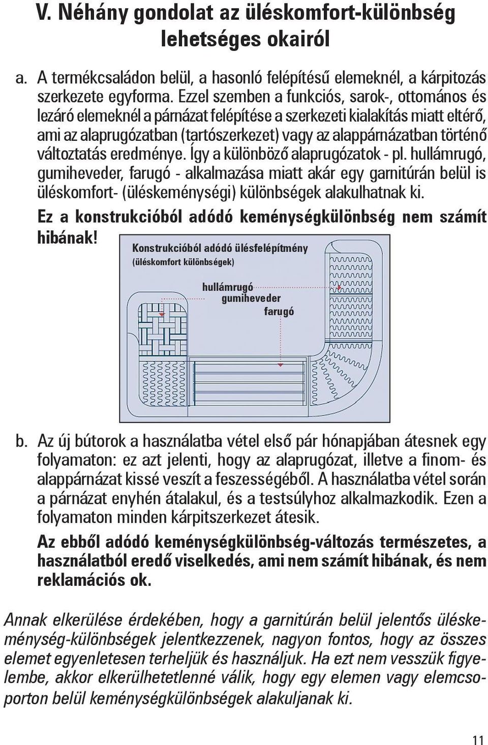 változtatás ered ménye. Így a különbözõ alaprugózatok - pl. hullámrugó, gumi heveder, farugó - alkalmazása miatt akár egy garnitúrán belül is üléskomfort- (üléskeménységi) különbségek alakulhatnak ki.