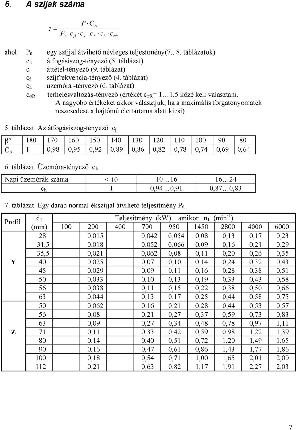 A nagyobb értékeket akkor választjuk, ha a maximális forgatónyomaték részesedése a hajtómű élettartama alatt kicsi). 5. táblázat.