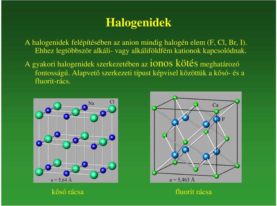 A gyakori halogenidek szerkezetében az ionos kötés meghatározó fontosságú.