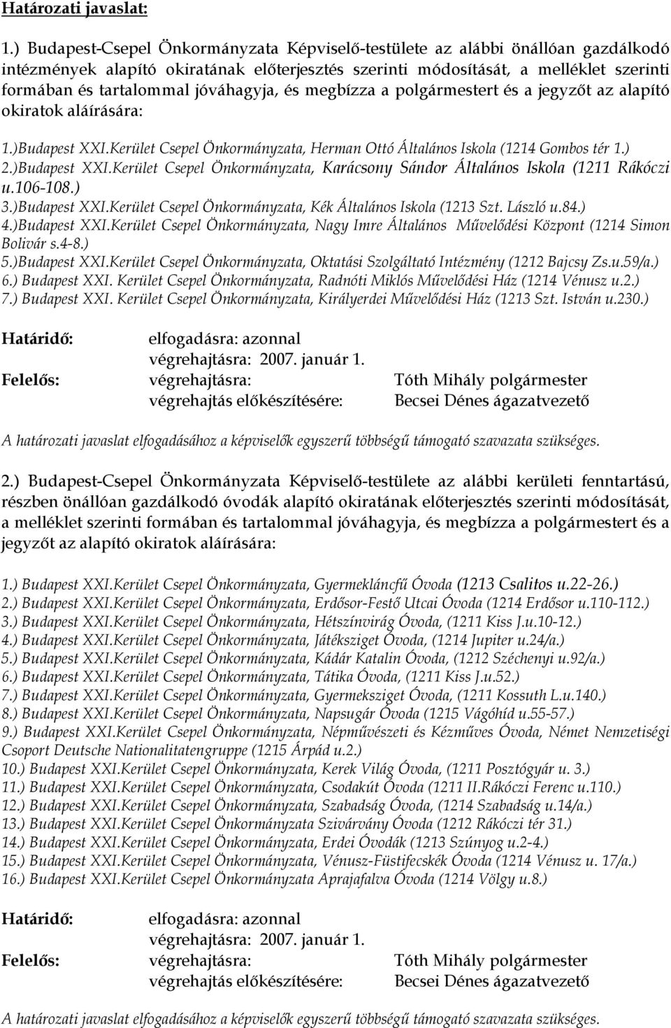 jóváhagyja, és megbízza a polgármestert és a jegyzőt az alapító okiratok aláírására: 1.)Budapest XXI.Kerület Csepel Önkormányzata, Herman Ottó Általános Iskola (1214 Gombos tér 1.) 2.)Budapest XXI.Kerület Csepel Önkormányzata, Karácsony Sándor Általános Iskola (1211 Rákóczi u.