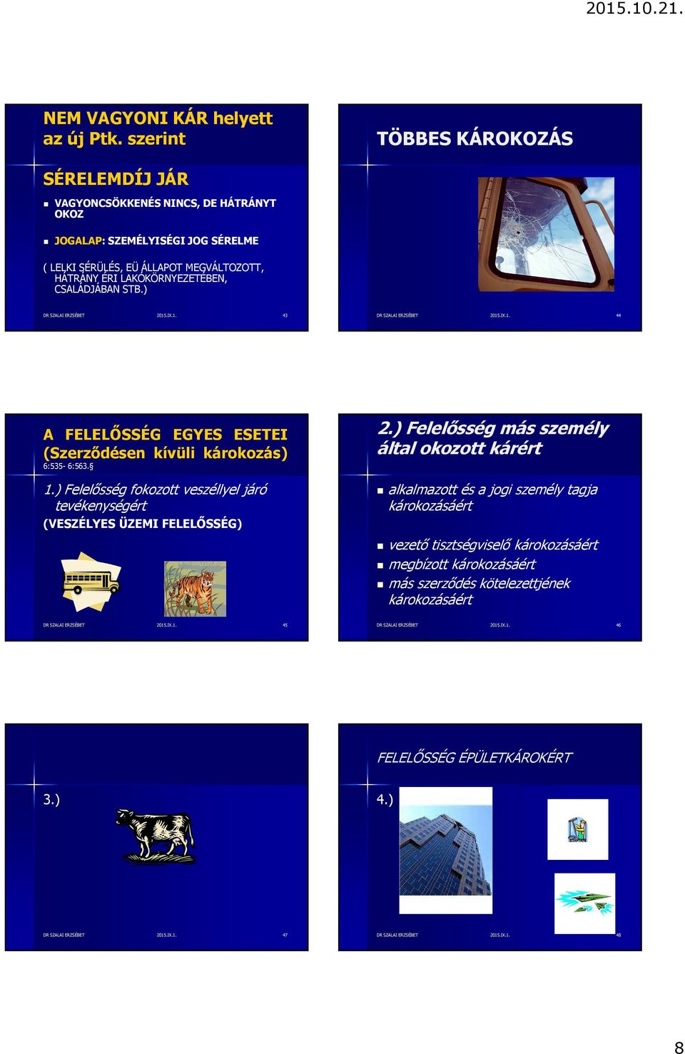 HÁTRÁNY ÉRI LAKÓKÖRNYEZETÉBEN, CSALÁDJÁBAN STB.) 43 44 A FELELŐSSÉG EGYES ESETEI (Szerződésen kívüli károkozás) 6:535-6:563. 1.