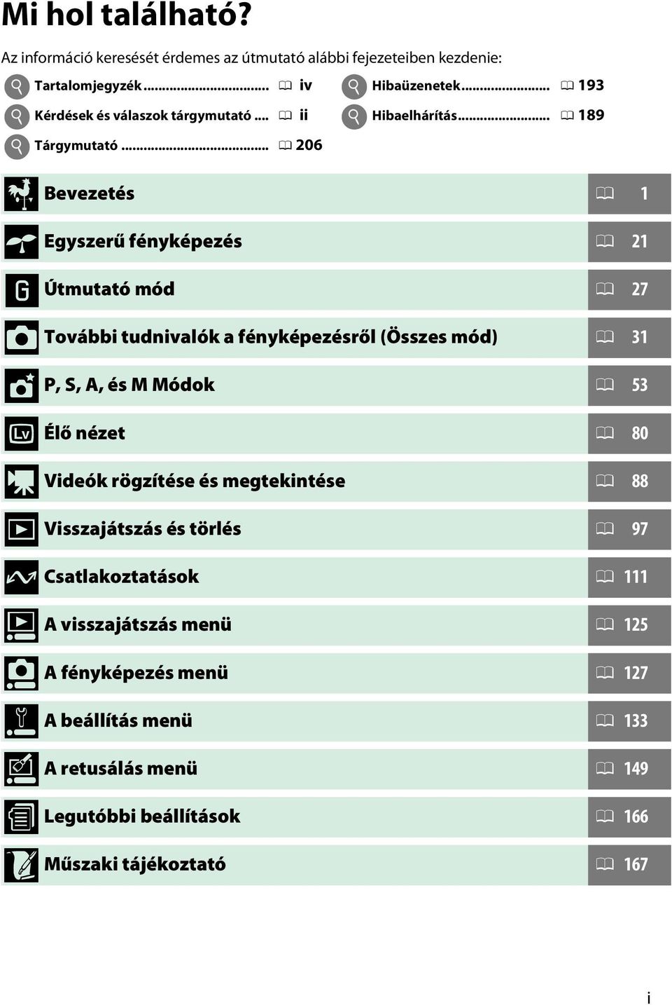 Útmutató mód 0 27 z További tudnivalók a fényképezésről (Összes mód) 0 31 t P, S, A, és M Módok 0 53 x Élő nézet 0 80 y Videók rögzítése és megtekintése 0 88 I