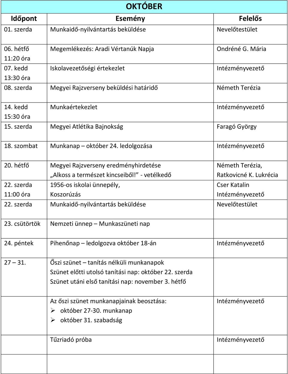 hétfő Megyei Rajzverseny eredményhirdetése Alkoss a természet kincseiből! - vetélkedő 22. szerda 11:00 óra 1956-os iskolai ünnepély, Koszorúzás Németh Terézia, Ratkovicné K. Lukrécia Cser Katalin 22.