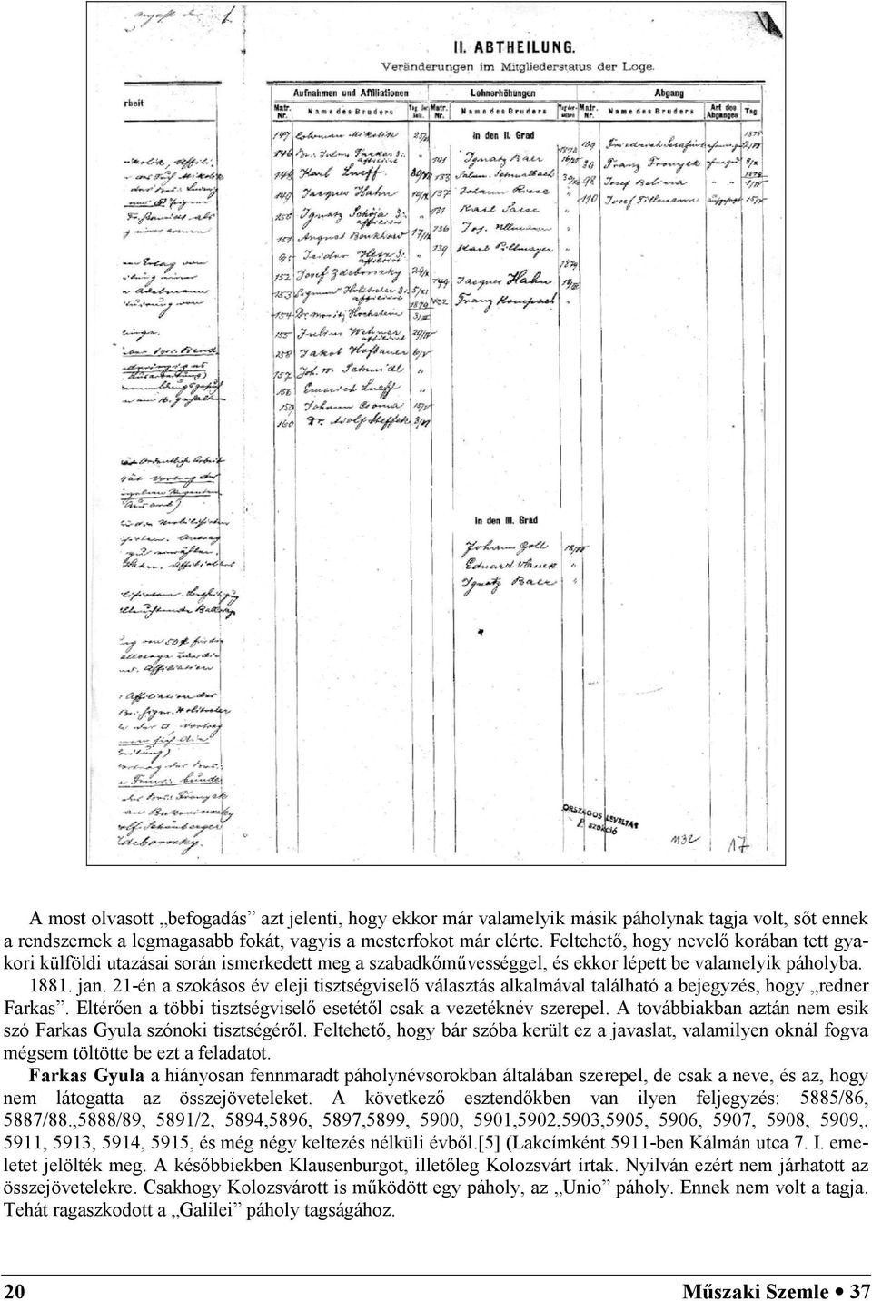 21-én a szokásos év eleji tisztségvisel választás alkalmával található a bejegyzés, hogy redner Farkas. Eltéren a többi tisztségvisel esetétl csak a vezetéknév szerepel.