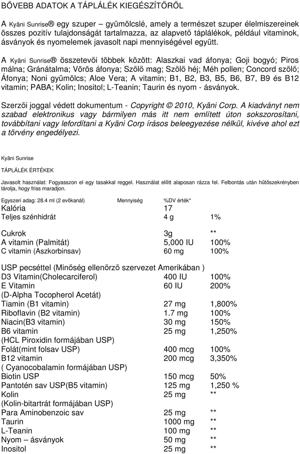 A Kyäni Sunrise összetevői többek között: Alaszkai vad áfonya; Goji bogyó; Piros málna; Gránátalma; Vörös áfonya; Szőlő mag; Szőlő héj; Méh pollen; Concord szőlő; Áfonya; Noni gyümölcs; Aloe Vera; A