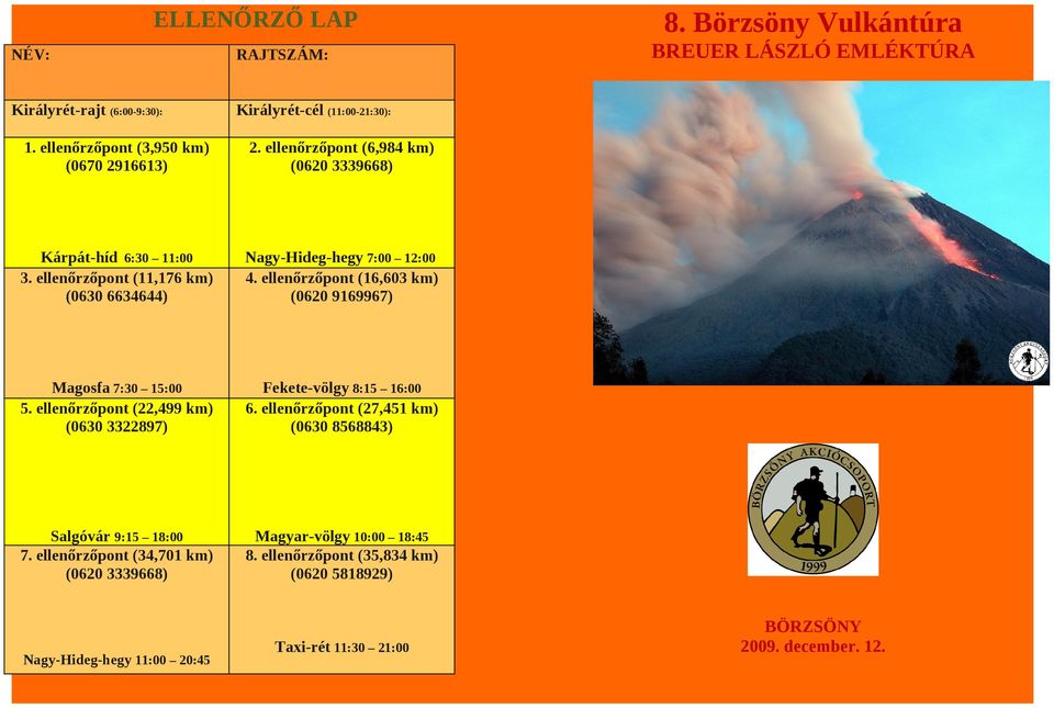 ellenőrzőpont (11,176 km) (0630 6634644) Nagy-Hideg-hegy 7:00 12:00 4. ellenőrzőpont (16,603 km) (0620 9169967) Magosfa 7:30 15:00 5.