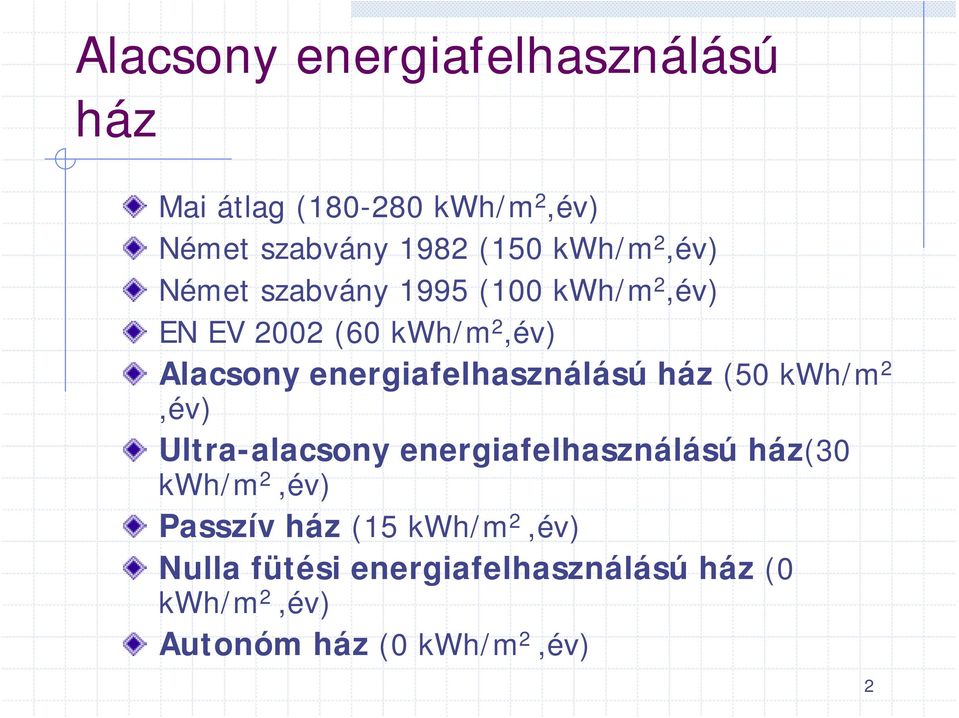 energiafelhasználású ház (50 kwh/m 2,év) Ultra-alacsony energiafelhasználású ház(30 kwh/m