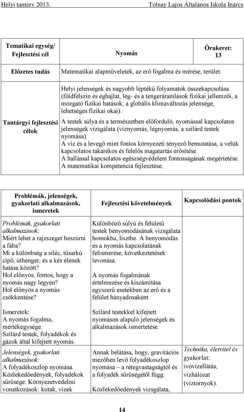 lehetséges fizikai okai). A testek súlya és a természetben előforduló, nyomással kapcsolatos jelenségek vizsgálata (víznyomás, légnyomás, a szilárd testek nyomása).