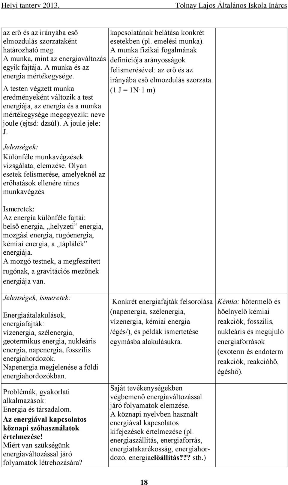 Jelenségek: Különféle munkavégzések vizsgálata, elemzése. Olyan esetek felismerése, amelyeknél az erőhatások ellenére nincs munkavégzés.