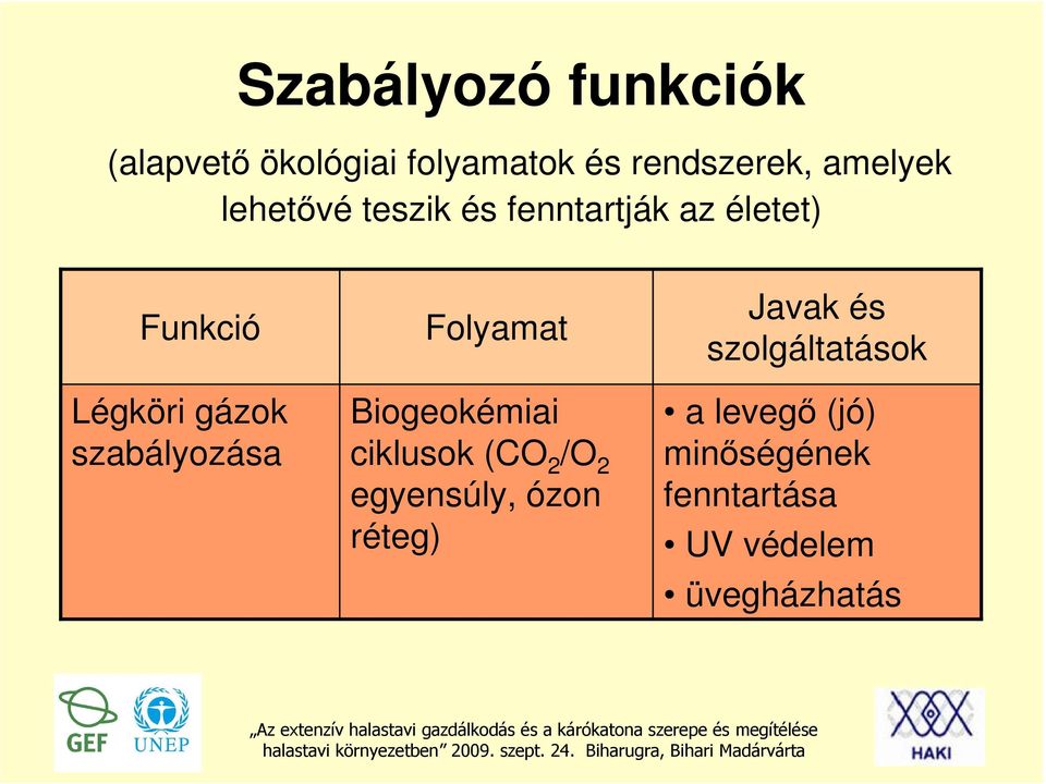 szabályozása Biogeokémiai ciklusok (CO 2 /O 2 egyensúly, ózon réteg)