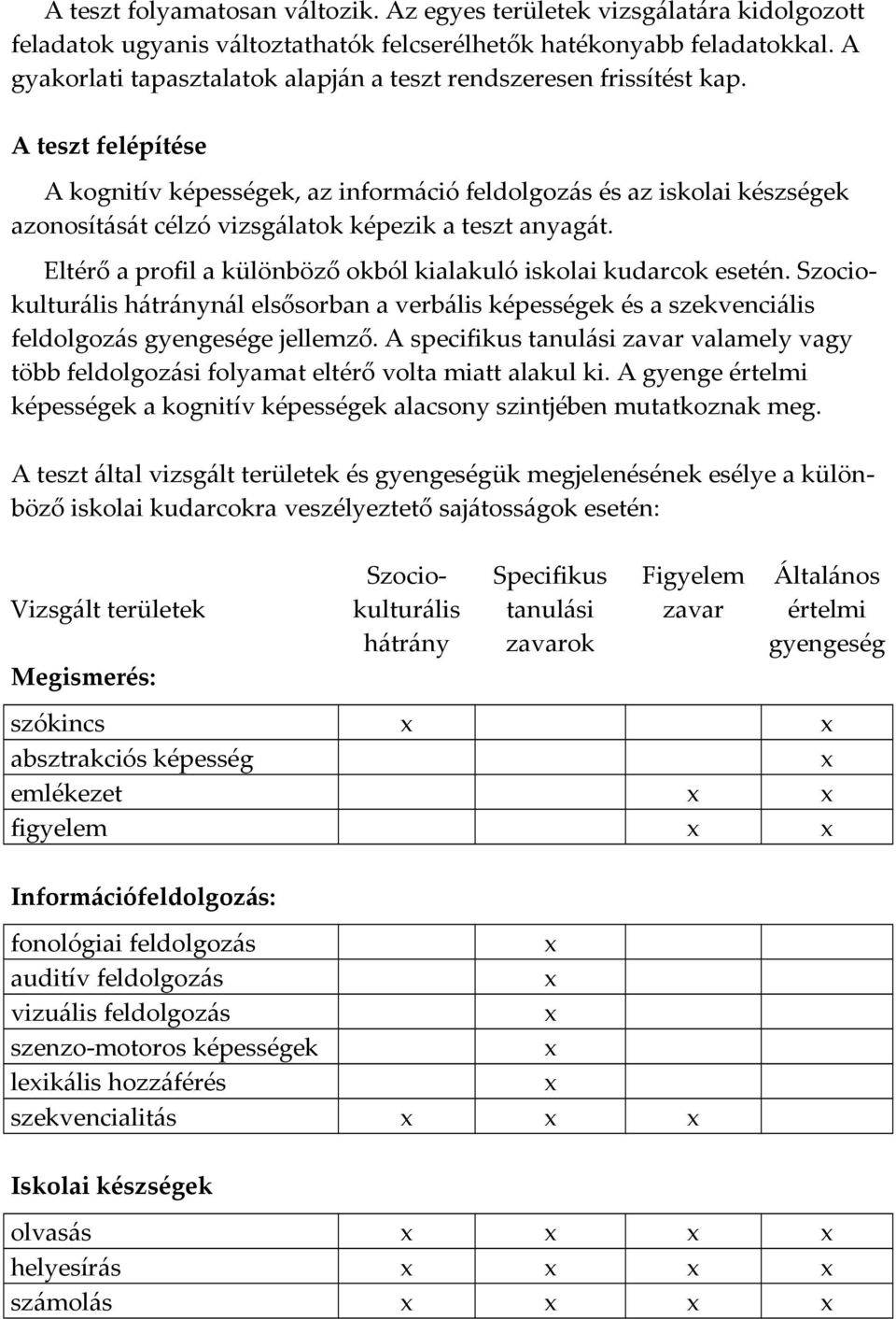 A teszt felépítése A kognitív képességek, az információ feldolgozás és az iskolai készségek azonosítását célzó vizsgálatok képezik a teszt anyagát.