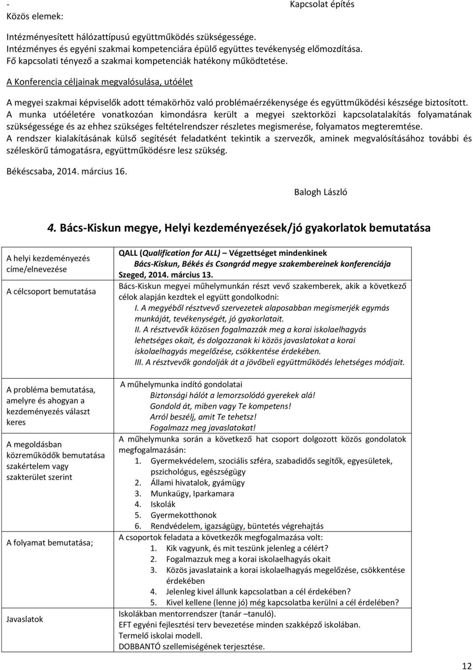 A Konferencia céljainak megvalósulása, utóélet A megyei szakmai képviselők adott témakörhöz való problémaérzékenysége és együttműködési készsége biztosított.