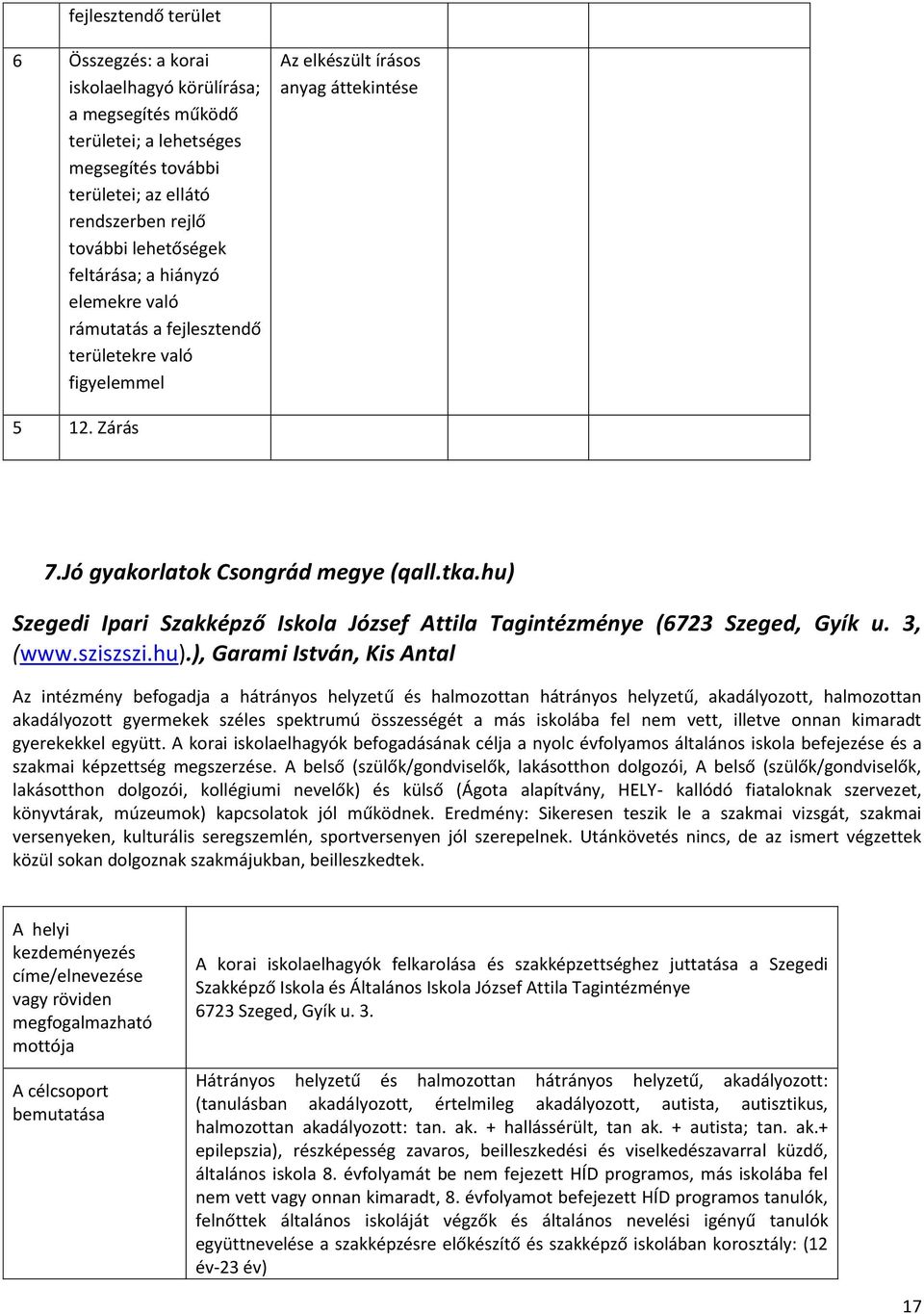 hu) Szegedi Ipari Szakképző Iskola József Attila Tagintézménye (6723 Szeged, Gyík u. 3, (www.sziszszi.hu).), Garami István, Kis Antal Az intézmény befogadja a hátrányos helyzetű és halmozottan