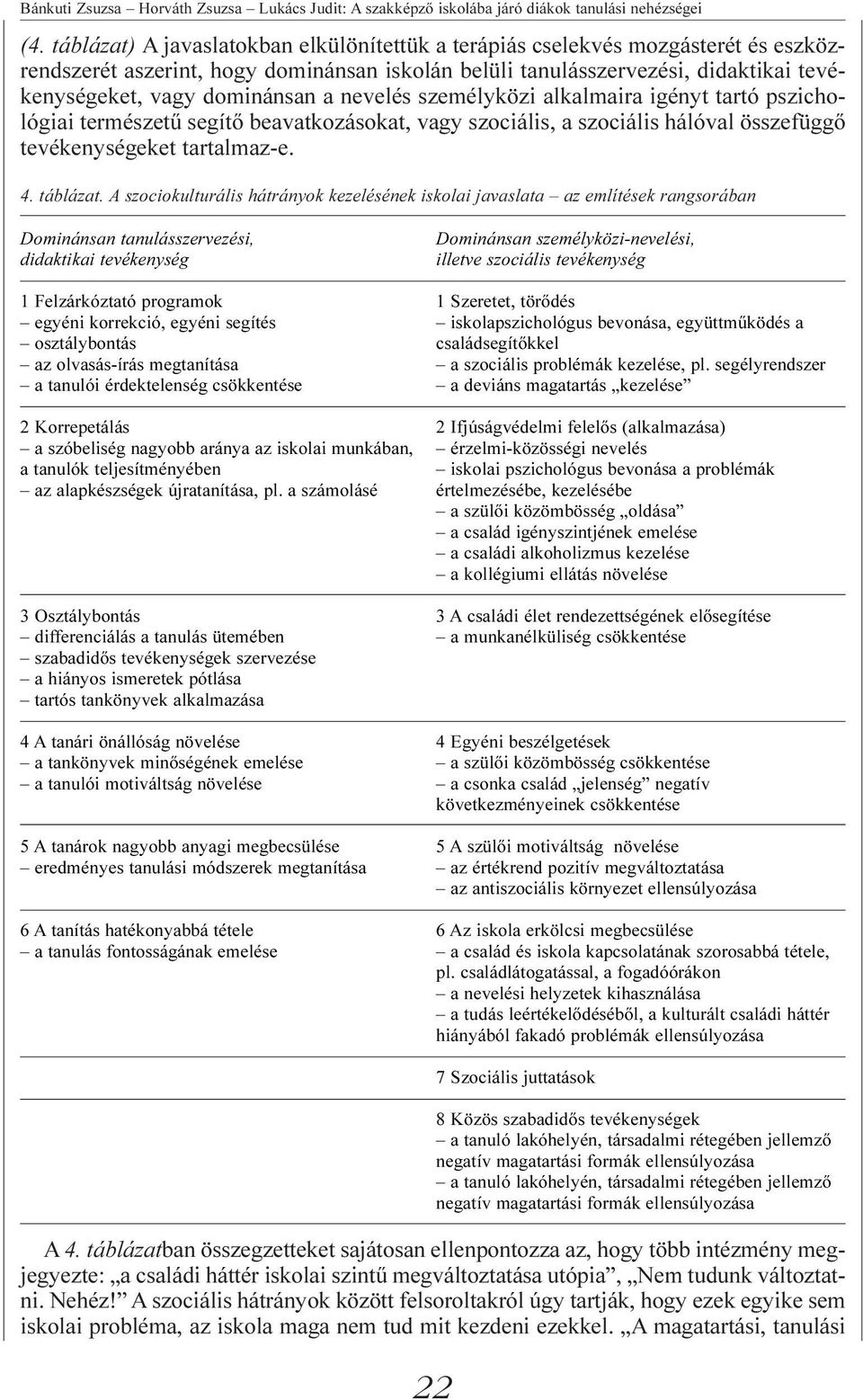 nevelés személyközi alkalmaira igényt tartó pszichológiai természetû segítõ beavatkozásokat, vagy szociális, a szociális hálóval összefüggõ tevékenységeket tartalmaz-e. 4. táblázat.