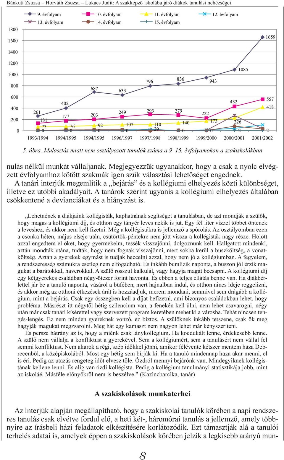 A tanári interjúk megemlítik a bejárás és a kollégiumi elhelyezés közti különbséget, illetve ez utóbbi akadályait.