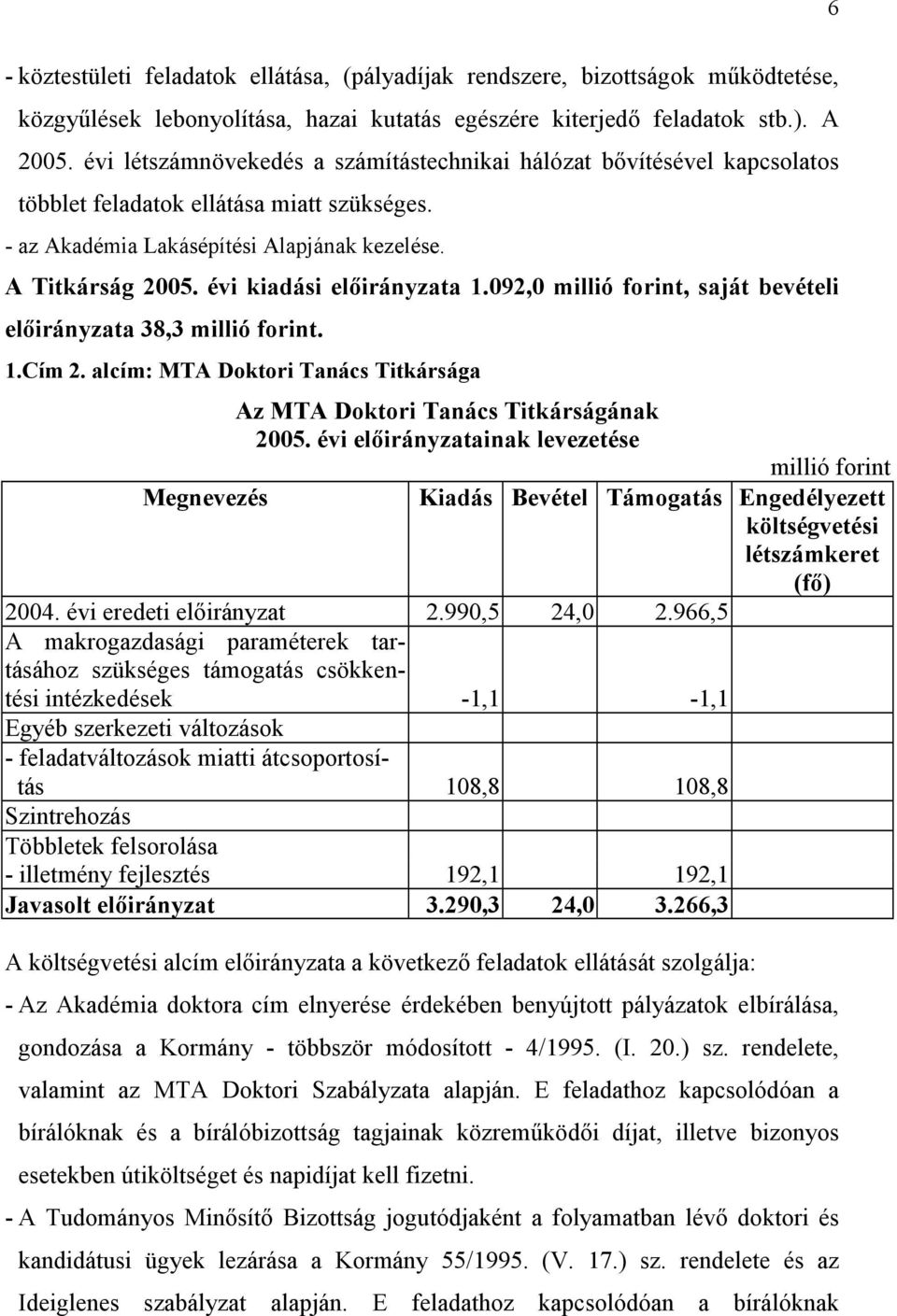 évi kiadási előirányzata 1.092,0, saját bevételi előirányzata 38,3. 1.Cím 2. alcím: MTA Doktori Tanács Titkársága Az MTA Doktori Tanács Titkárságának 2004. évi eredeti előirányzat 2.990,5 24,0 2.