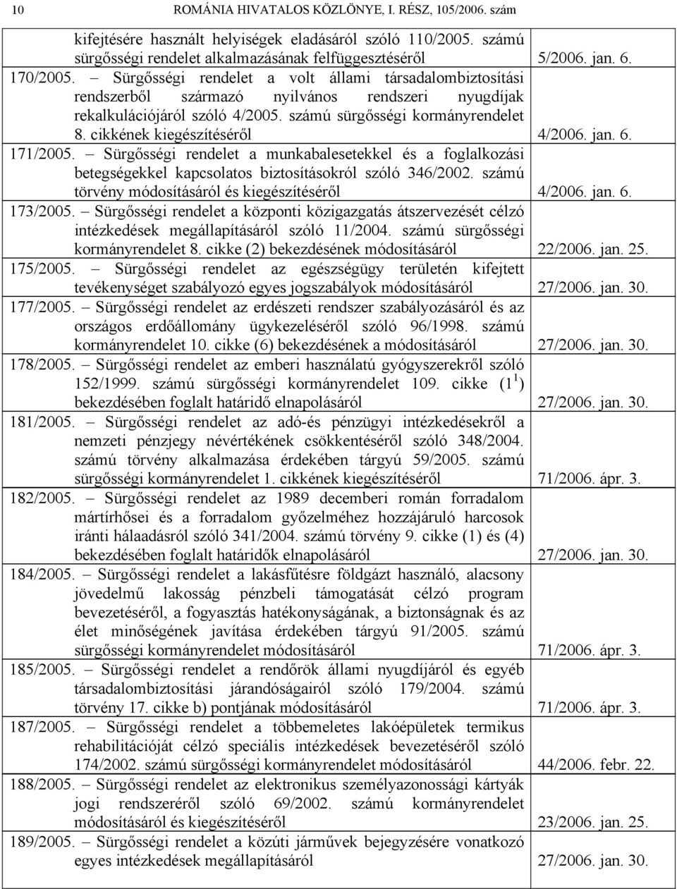 cikkének kiegészítéséről 4/2006. jan. 6. 171/2005. Sürgősségi rendelet a munkabalesetekkel és a foglalkozási betegségekkel kapcsolatos biztosításokról szóló 346/2002.