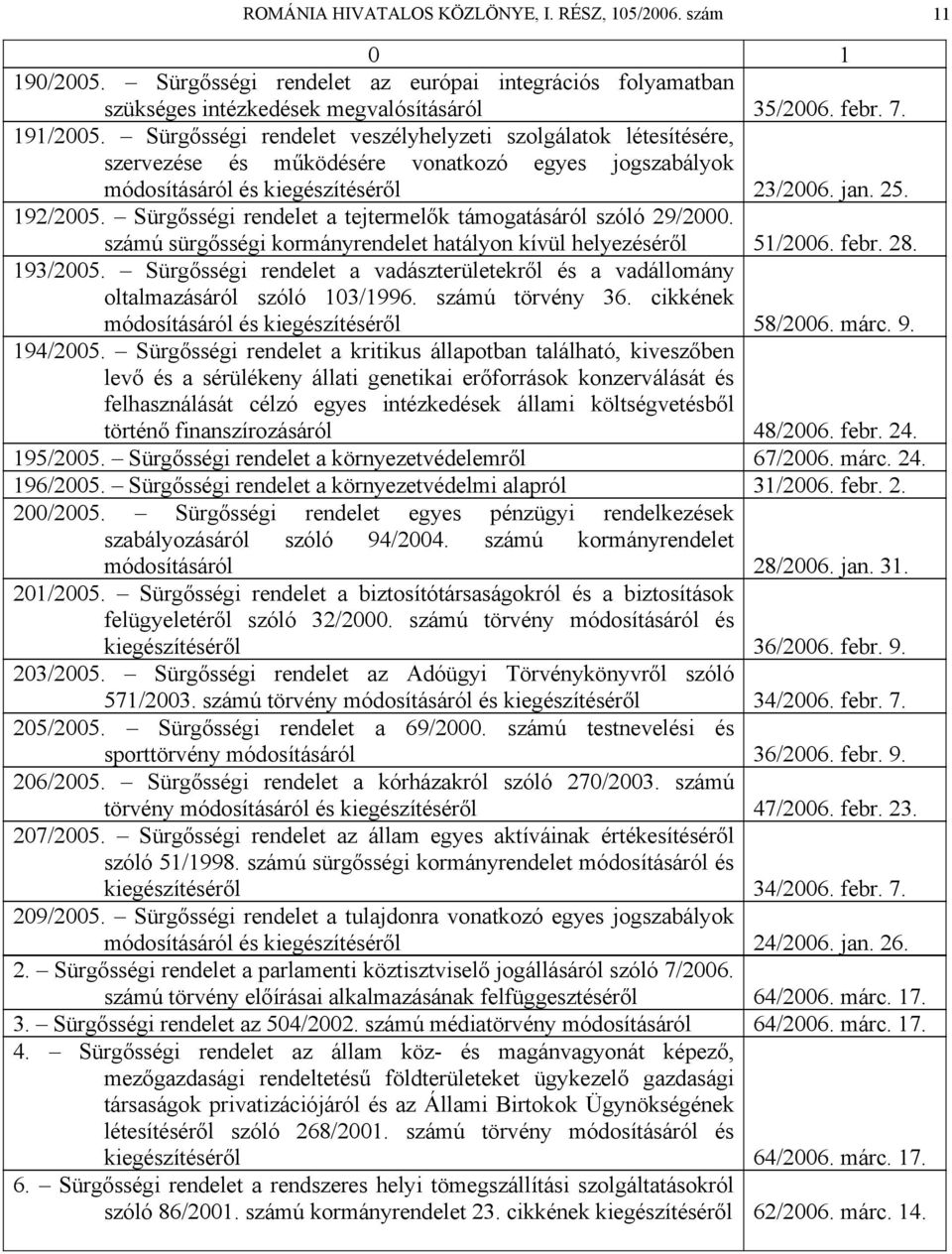 Sürgősségi rendelet a tejtermelők támogatásáról szóló 29/2000. számú sürgősségi kormányrendelet hatályon kívül helyezéséről 51/2006. febr. 28. 193/2005.