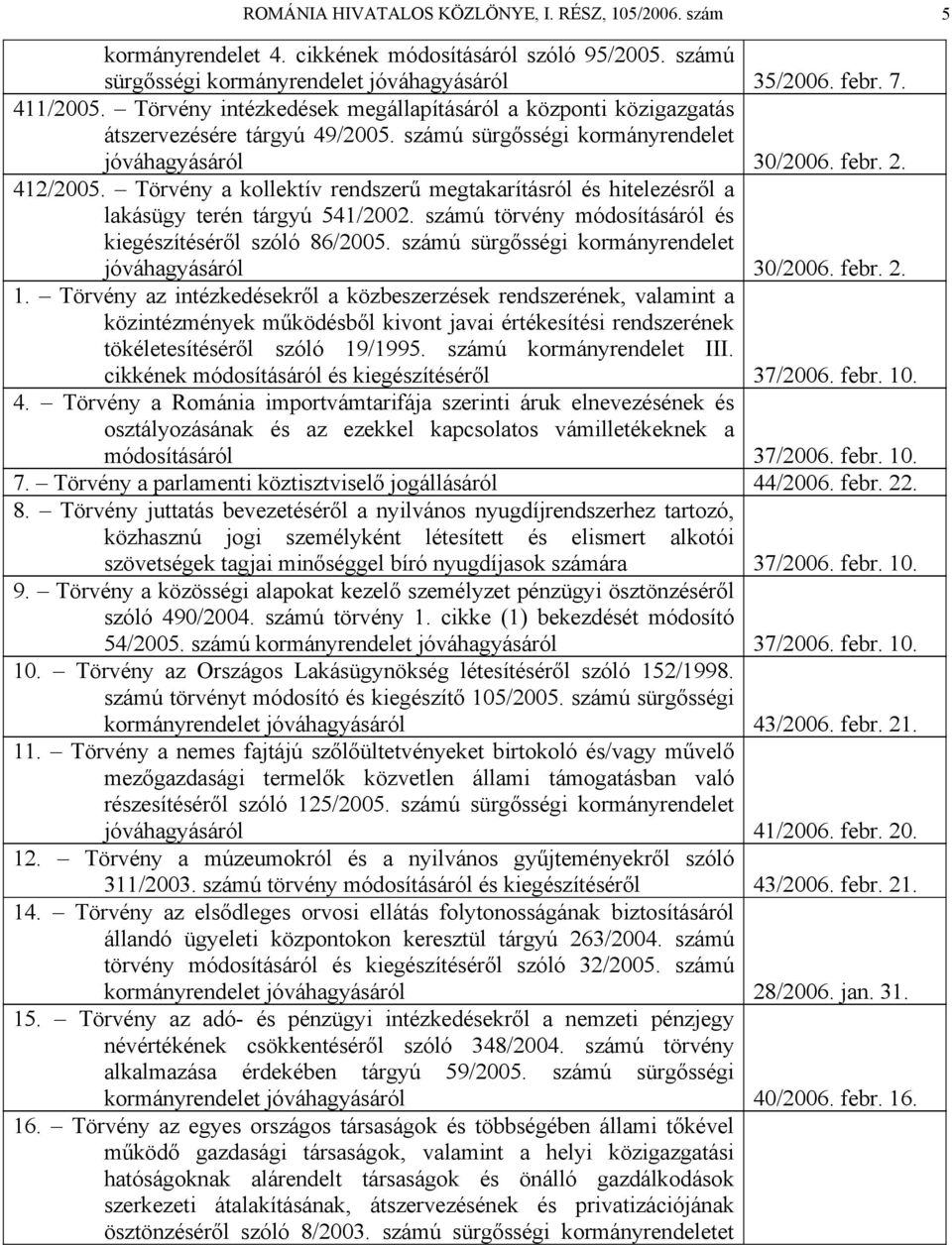 Törvény a kollektív rendszerű megtakarításról és hitelezésről a lakásügy terén tárgyú 541/2002. számú törvény módosításáról és kiegészítéséről szóló 86/2005.