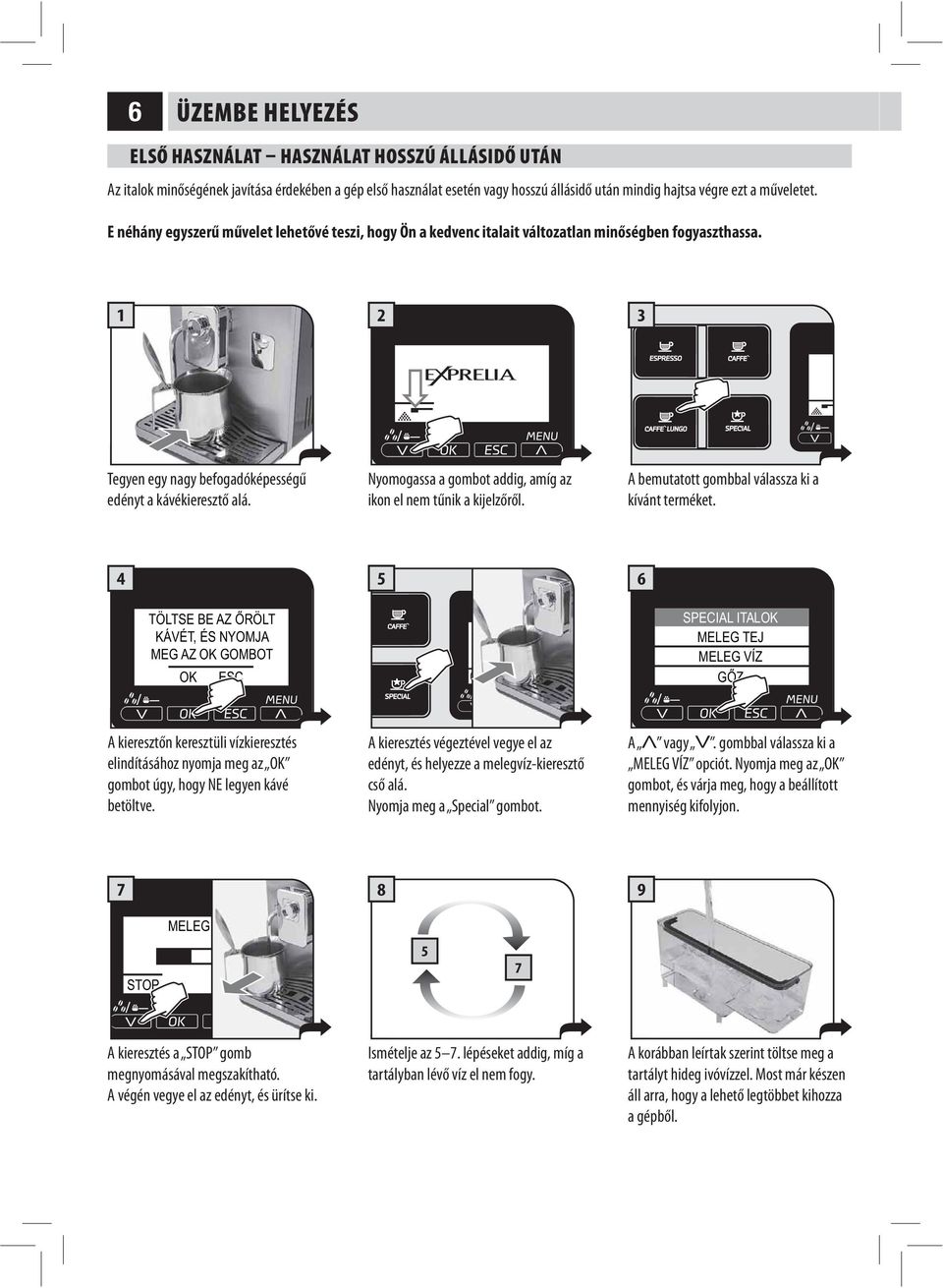 4 KÁVÉT, ÉS NYOMJA MEG AZ GOMBOT ESC 5 6 SPECIAL ITAL MELEG TEJ MELEG VÍZ A kieresztőn keresztüli vízkieresztés betöltve.