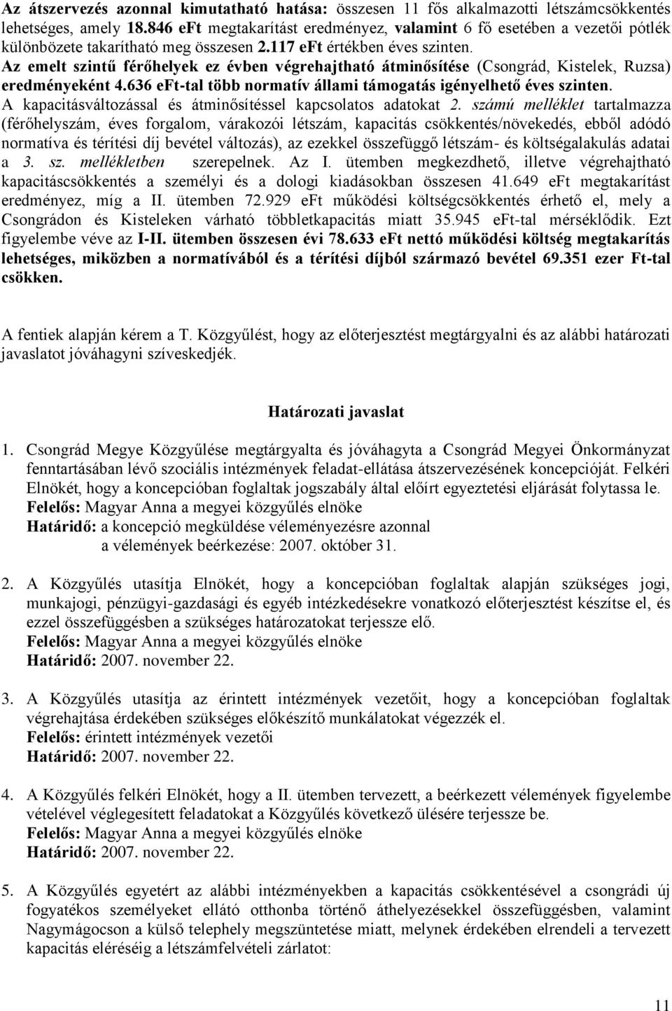 Az emelt szintű férőhelyek ez évben végrehajtható átminősítése (Csongrád, Kistelek, Ruzsa) eredményeként 4.636 eft-tal több normatív állami támogatás igényelhető éves szinten.