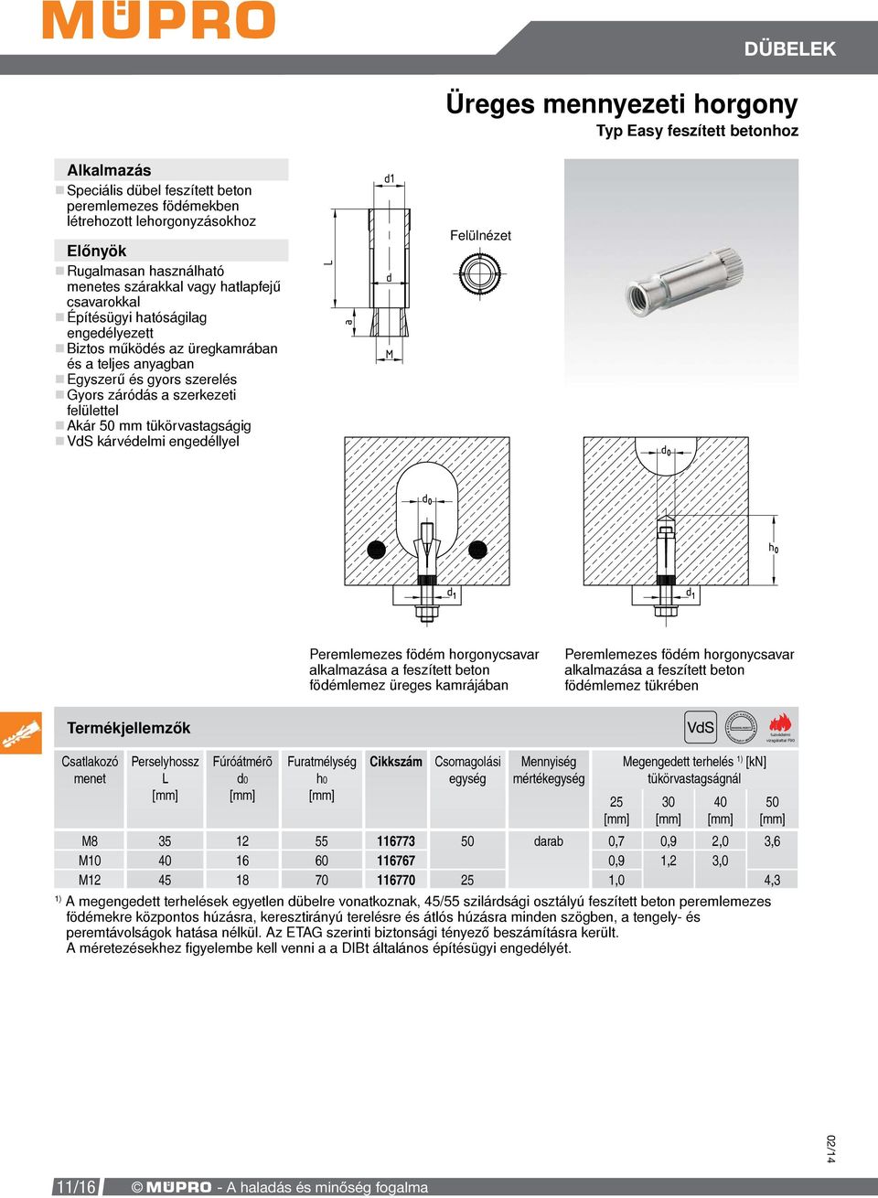 tükörvastagságig VdS kárvédelmi engedéllyel Peremlemezes födém horgonycsavar alkalmazása a feszített beton födémlemez tükrében S 116773 116767 116770 25 vizsgálattal F90 ÉG ÉPÍTÉ 55 60 70 LAG 16 1 S