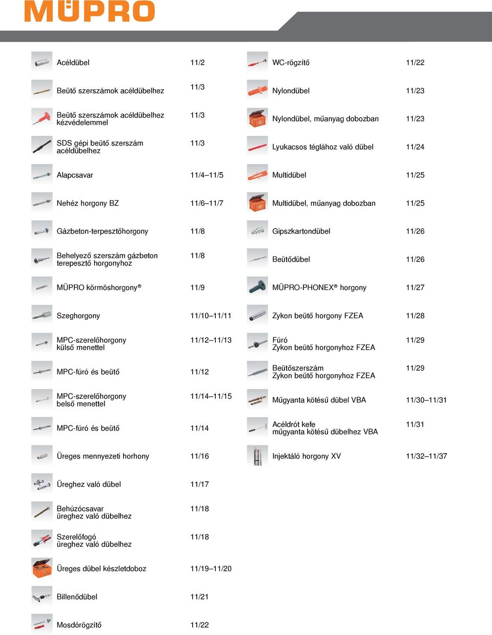 Gipszkartondübel 11/26 Behelyező szerszám gázbeton terepesztő horgonyhoz 11/ Beütődübel 11/26 körmöshorgony 11/9 -PHONEX horgony 11/27 Szeghorgony 11/ 11/11 Zykon beütő horgony FZEA 11/2