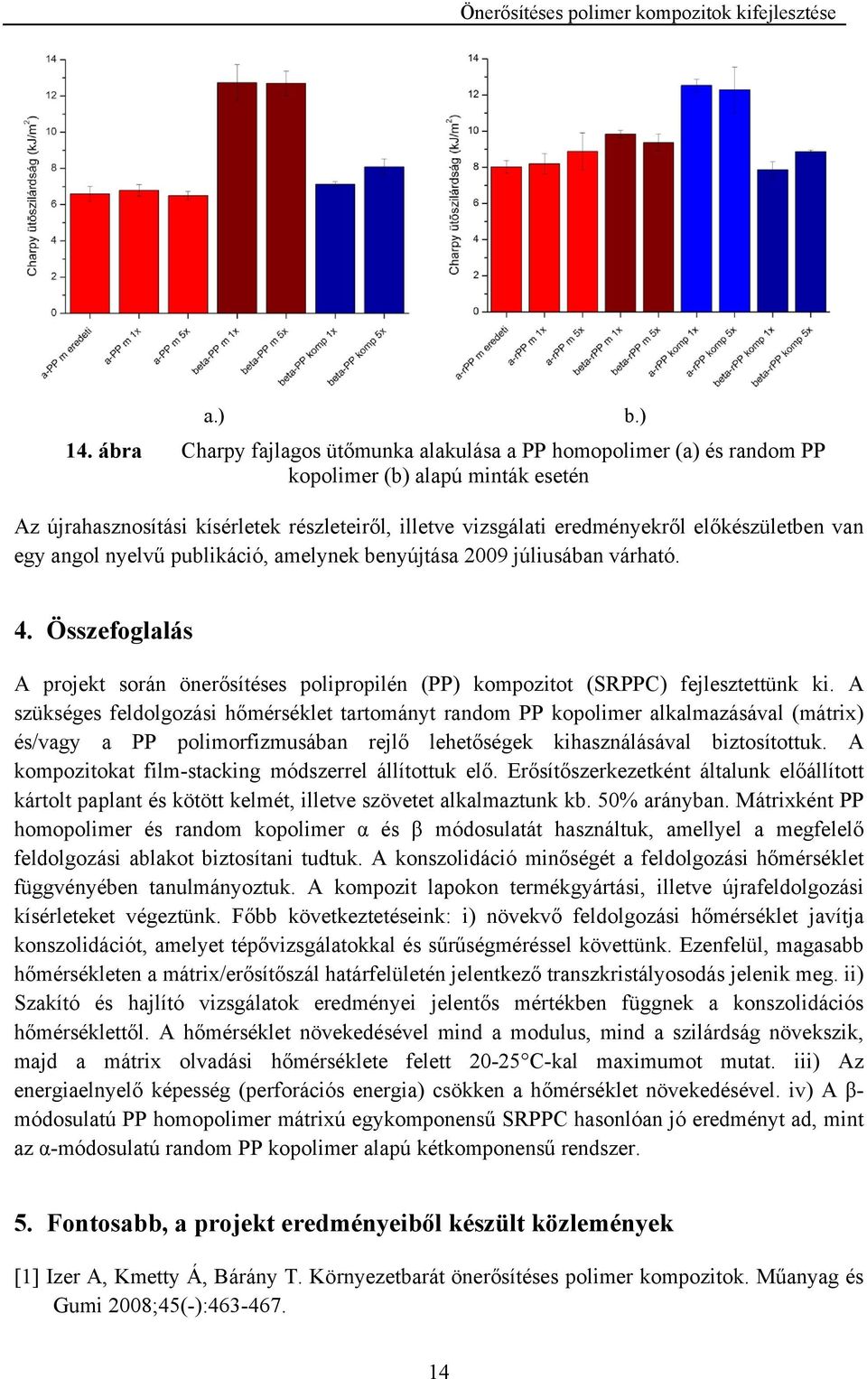 előkészületben van egy angol nyelvű publikáció, amelynek benyújtása 2009 júliusában várható. 4. Összefoglalás A projekt során önerősítéses polipropilén (PP) kompozitot (SRPPC) fejlesztettünk ki.