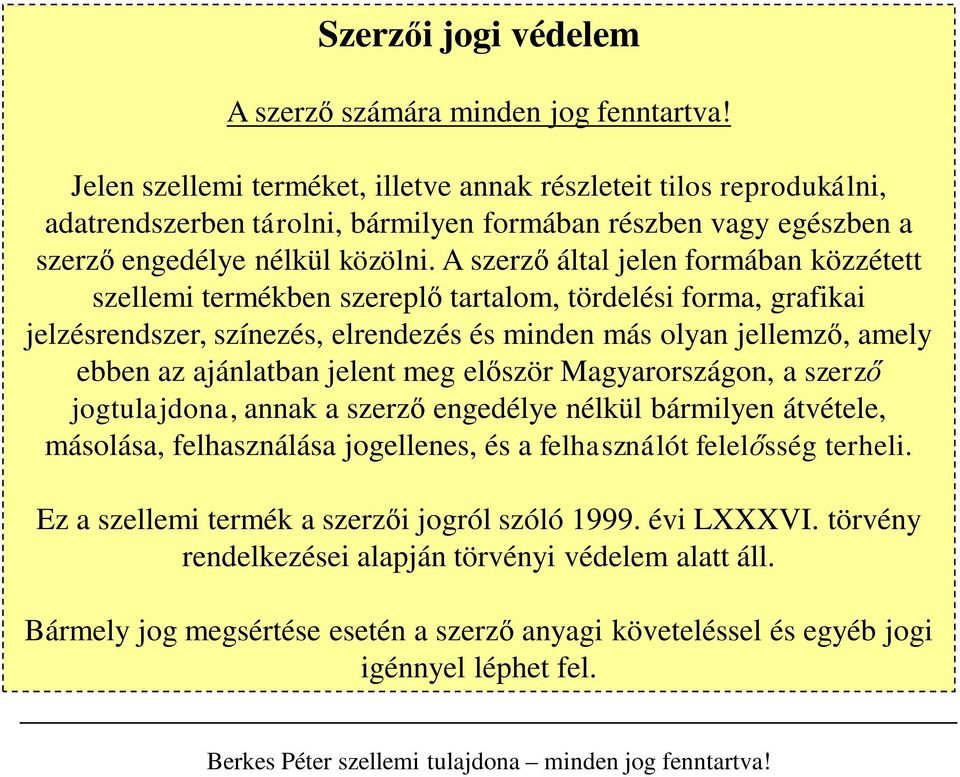 A szerző által jelen formában közzétett szellemi termékben szereplő tartalom, tördelési forma, grafikai jelzésrendszer, színezés, elrendezés és minden más olyan jellemző, amely ebben az ajánlatban